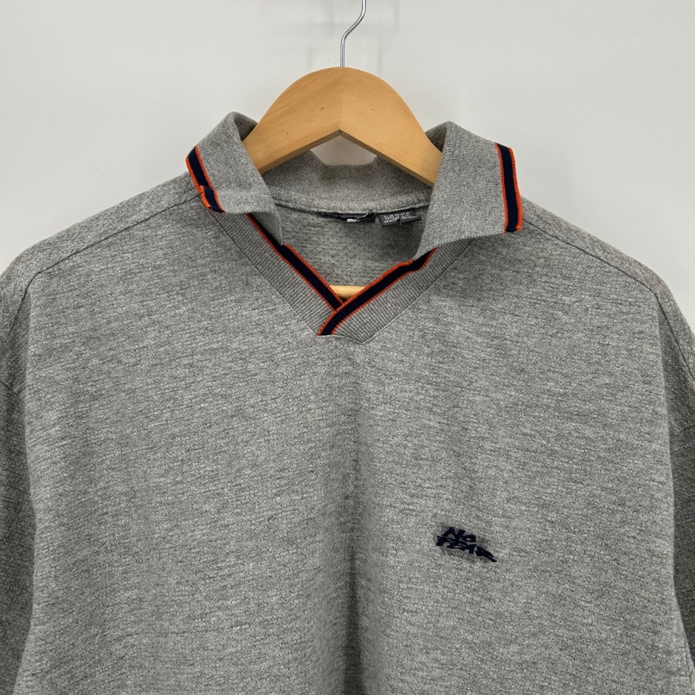 Vintage 90s No Fear Polo Shirt Mens Large Gray V-Neck Striped Trim Made in USA